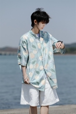 8XL-M冰丝凉感衬衣垂感透气复古花纹宽松男五分袖短袖衬衫CS526，男装衬衫，电商D206-1