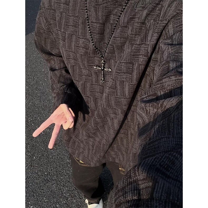 美式复古麻花纹圆领卫衣男宽松针织衫高级感打底衫T3693-特价P24图片