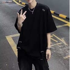 酒红色重磅硬挺绑带t恤男潮牌痞帅炸街短袖高级感美式高街七分袖，男装T恤，星座1005-4