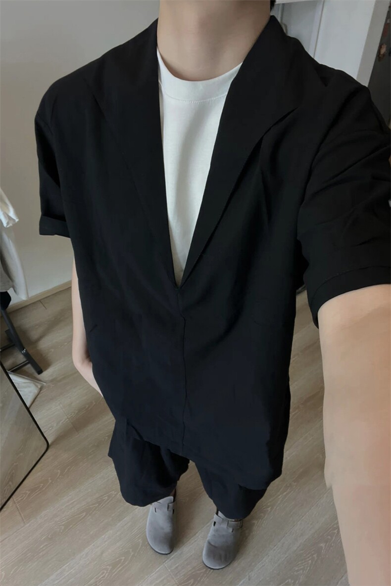 (网图慎用）特批P58无差价假两件宽松亚麻潮流两件套装男TZ5355,男装休闲套装,电商A001