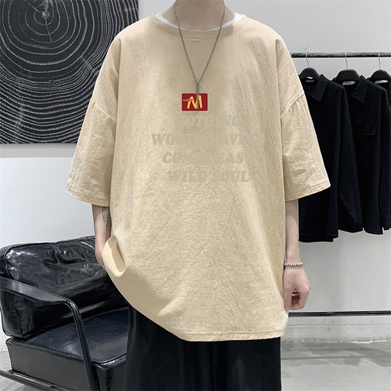 YT26363-P30亚麻短袖t恤男大码五分袖男宽松七分袖大皂风模特,男装T恤,电商A040