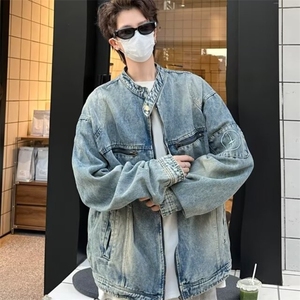 美式高街牛仔外套男春秋水洗做旧复古潮牌宽松拉链夹克痞帅机车服图片