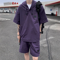 夏季轻薄透气防晒连帽短袖短裤两件套男潮流简约纯色宽松休闲套装，男装牛仔裤，星座505-2（原电商A260-1)