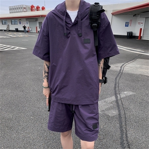 夏季轻薄透气防晒连帽短袖短裤两件套男潮流简约纯色宽松休闲套装图片