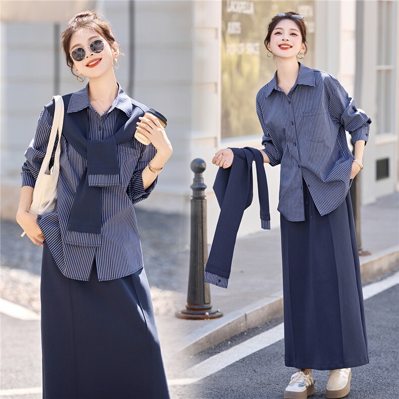 韩系气质披肩条纹衬衫套装女2025年春秋新款优雅大气半身裙三件套，女装套装/套裙，意芙