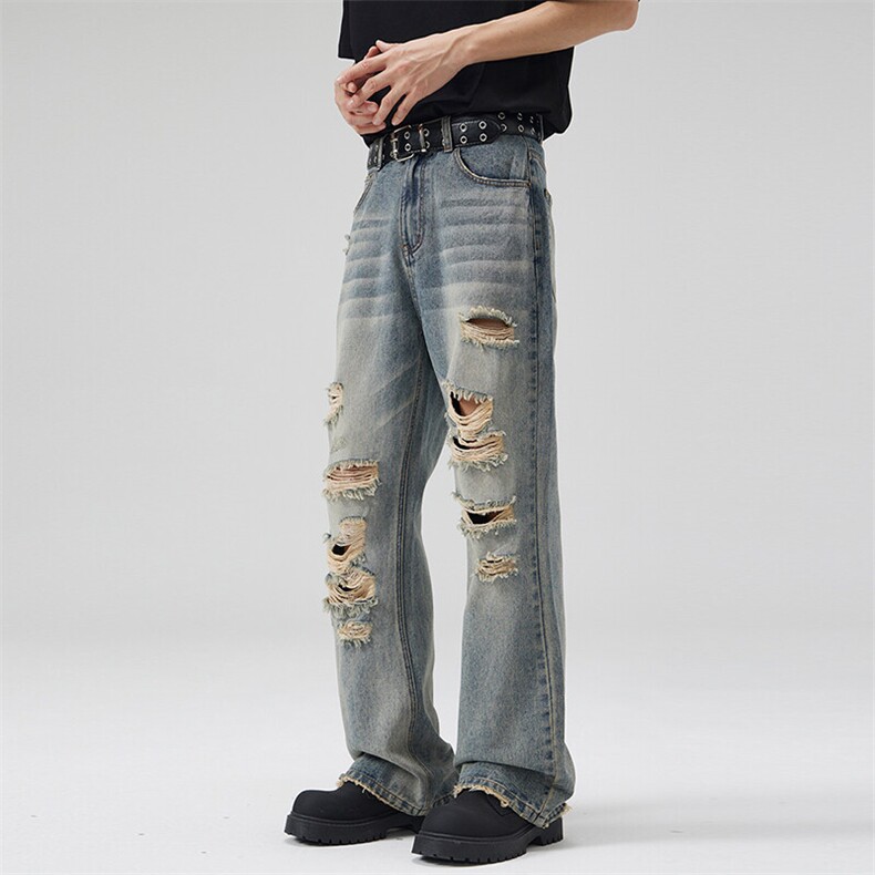 2025春夏美式破洞割烂怀旧复古水洗牛仔裤男宽松微喇叭修腿型长裤，男装牛仔裤，星座301D-3