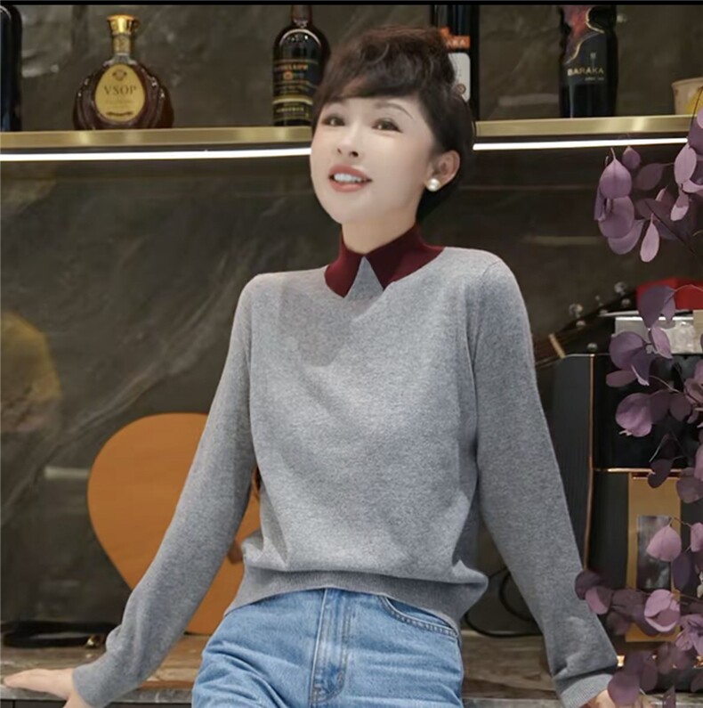 2025年秋季时尚百搭通勤简约休闲拼色领半高,女装羊毛衫,晨旭羊绒