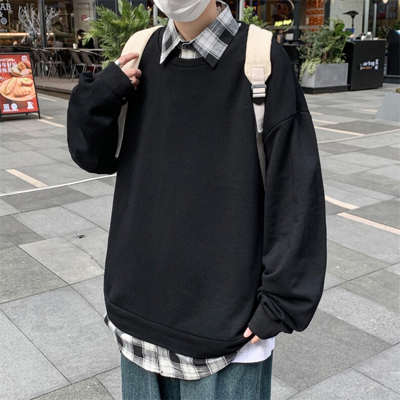 2023春季新款格子衬衫领卫衣休闲韩版宽松假两件上衣W6992-P38,男装卫衣,星座512-3