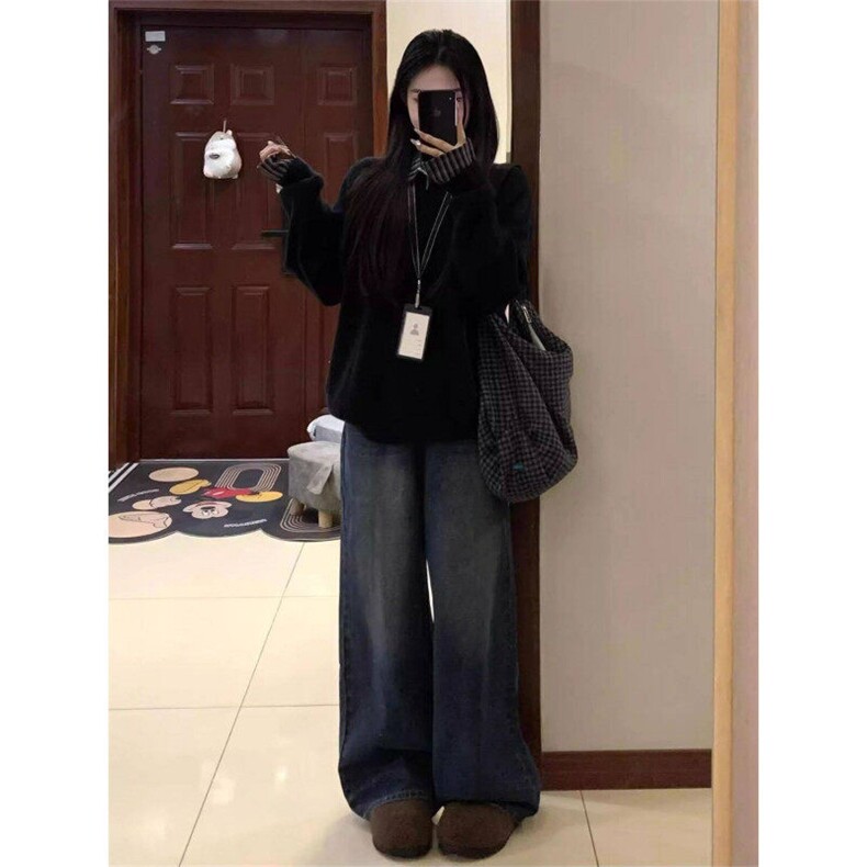一整套穿搭韩系复古黑色V领套头针织衫毛衣女学生+蓝色格纹衬衫潮,针织衫/毛衣,星座506A