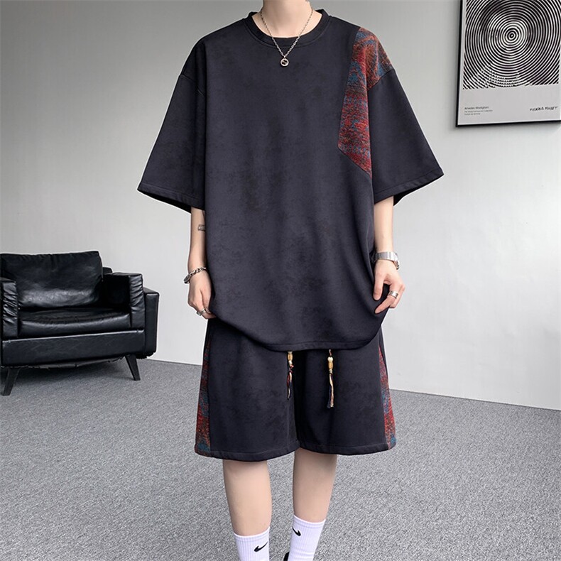 8XL-M民族风潮拼接休闲运动套装男夏季学生短袖短裤TZ38001P60,男装休闲套装,电商B312