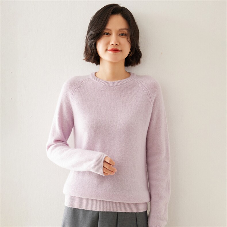 2024秋季新款女士圆领长袖短款套头衫通勤百搭35%羊绒衫,女装羊绒衫,澳煜绒
