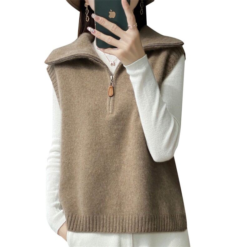 女士半拉链宽领马甲羊毛简约纯色时尚舒适,女装马甲,邦太羊绒