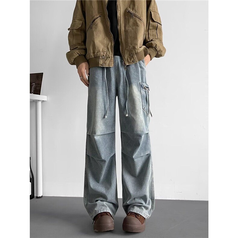 JS011-P48美式复古褶皱大口袋直筒水洗高街牛仔裤男宽松休闲长裤，男装牛仔裤，电商C233