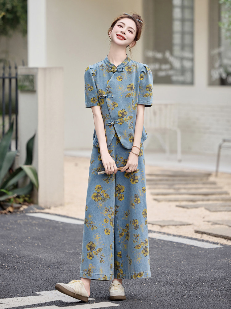 新中式印花牛仔套装女2025夏季新款爆款气质高级感阔腿裤两件套,女装套装/套裙,曼娅璐