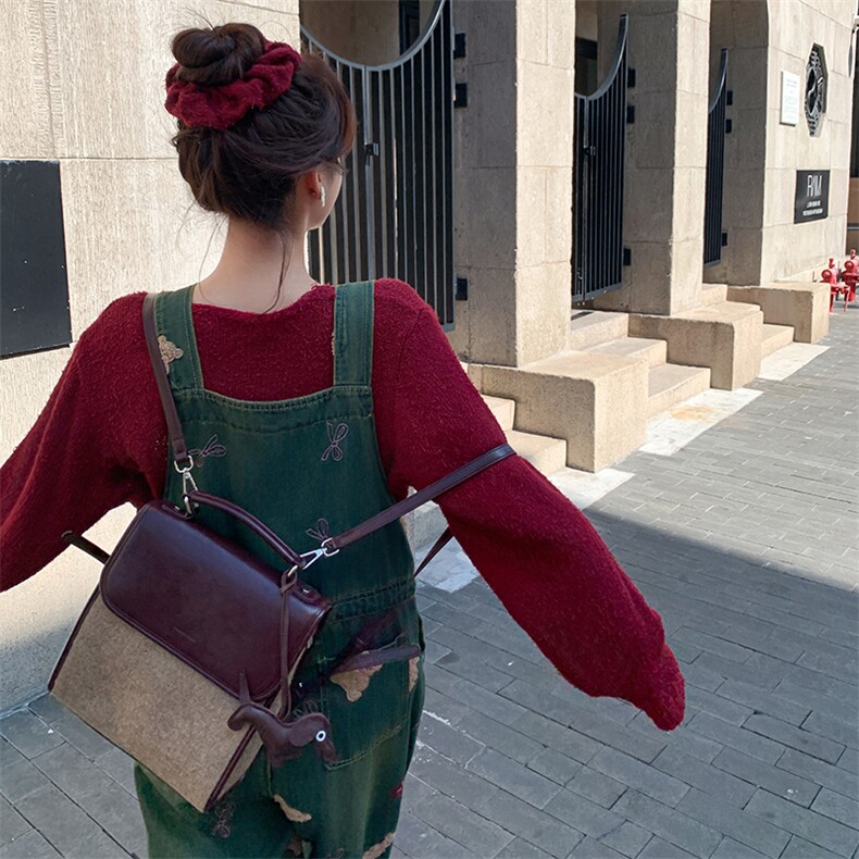 时尚针织卫衣卡通牛仔背带裤套装女春季新款宽松印花时尚阔腿长裤,女装套装/套裙,2C292