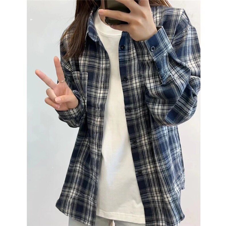 美式格子衬衫男女款春秋季新款宽松休闲长袖百搭衬衣复古-网图,男装衬衫,星座302B-2