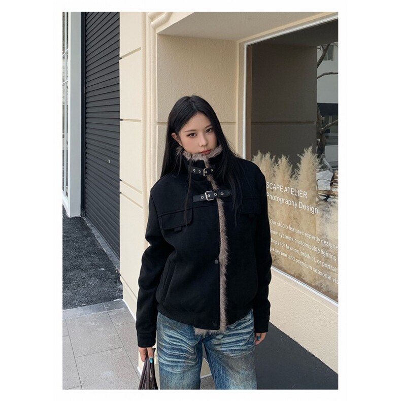 美式复古毛毛拼接立领机车夹克棉服男女冬季加绒加厚短棉衣外套潮图片