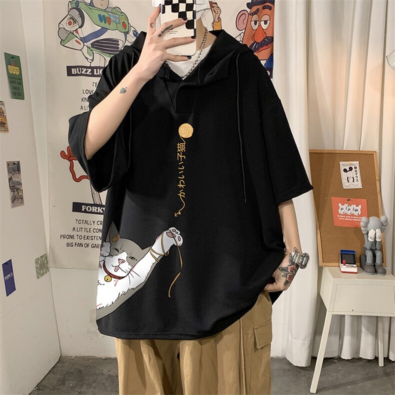LD54013-P45连帽短袖t恤男大码胖子带帽五分袖中袖,男装T恤,电商A040