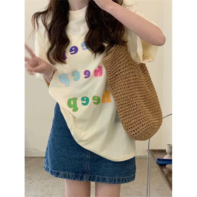 T578-P25 奶油杏多彩字母多巴胺纯棉短袖 甜美少女印花上衣图片