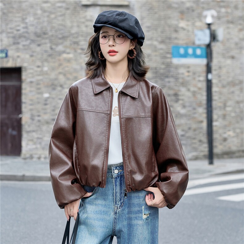 皮衣女2025秋季新款时尚翻领宽松皮外套,女装皮衣,英标秀（1C119）