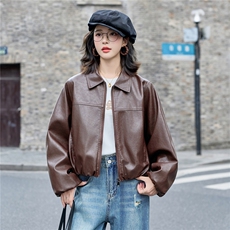 皮衣女2025秋季新款时尚翻领宽松皮外套，女装皮衣，英标秀（1C119）