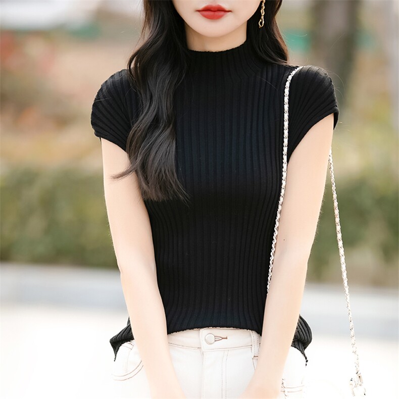 法式半高领针织短袖女T恤连肩小飞袖修身显腰身春秋紧身内搭打底,针织衫/毛衣,佳绒包芯纱店