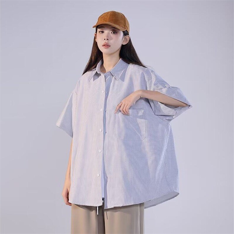 条纹短袖衬衫男女2026年新款夏季日系潮牌宽松休闲工装衬衣外套,男装衬衫,星座601-1