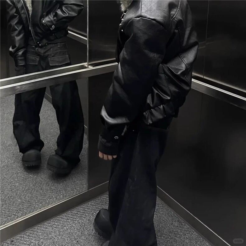 美式复古反口袋弯刀廓形牛仔裤男秋冬拼接宽松直筒长裤子潮XN012,男装牛仔裤,星座208-5