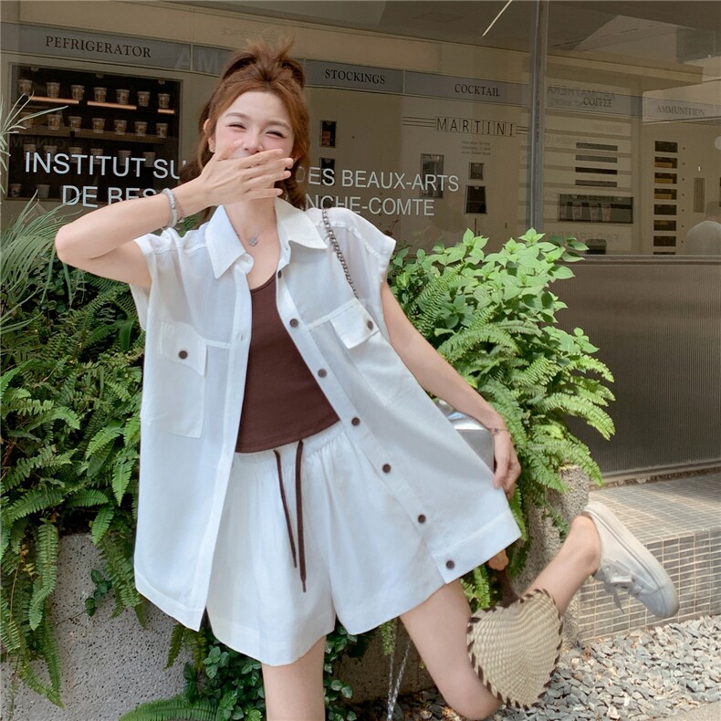 超火独特减龄感翻领衬衫吊带配短裤套装女夏2025新款超好看三件套,女装套装/套裙,维壹