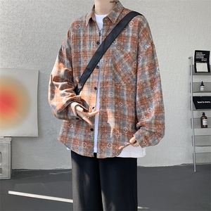 衬衫男秋季新款港风宽松大码磨毛格子扎染长袖衬衣CS506-P35图片