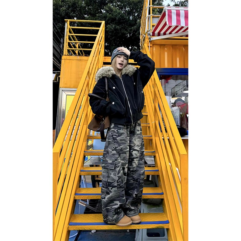 现货重磅boxy短款棉衣座山雕大毛毛领男女棉服水洗工装厚外套,男装棉衣,电商A486