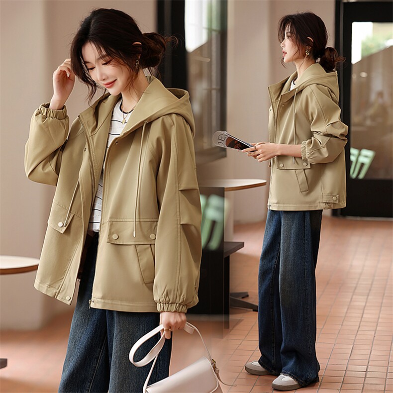 2025新款时尚休闲风衣短外套春秋连帽通勤短款上衣女春，女装风衣，鑫源服饰