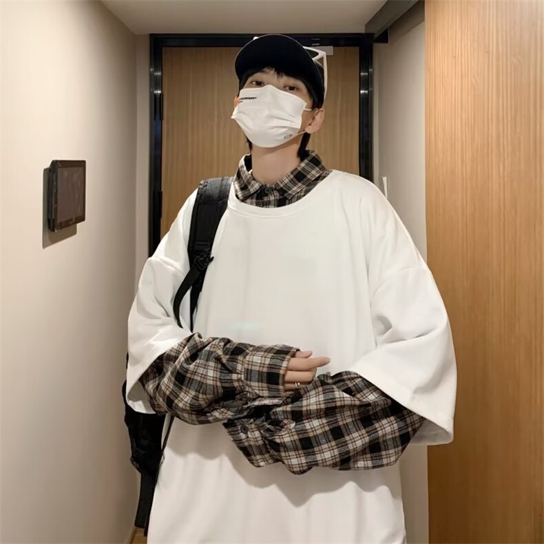 格子拼接假两件卫衣男士春秋季潮ins百搭设计感小众上衣WY011-P40,男装卫衣,星座1008-1
