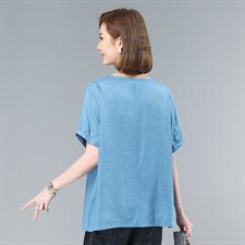 2021夏季新款气质圆领拼贴纯色麻短袖上衣，女装衬衫，叶笙衣