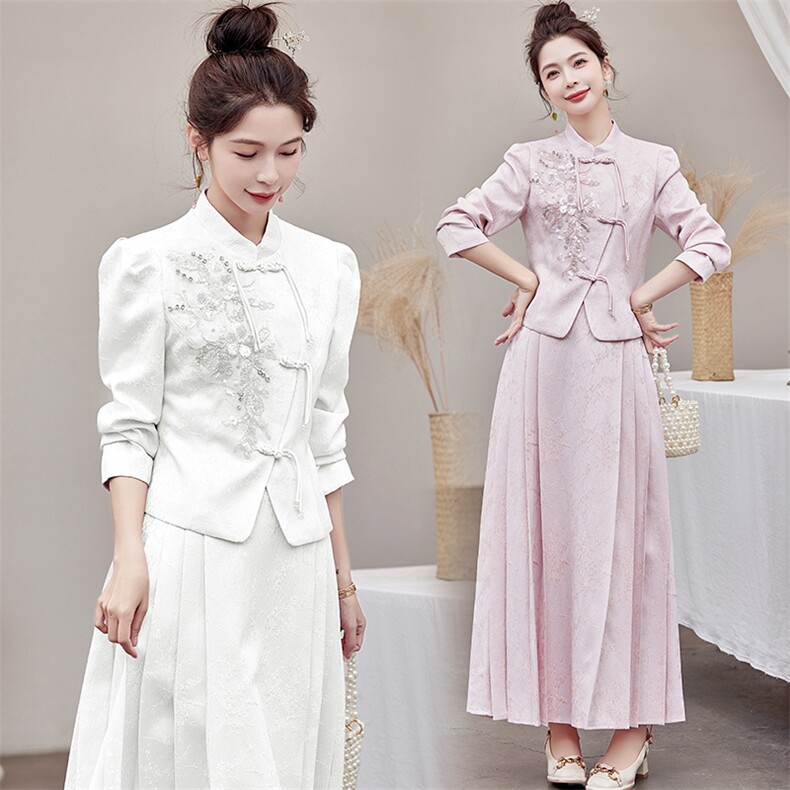 2025新款春秋装复古中国风绣花连衣裙女装礼服气质新中式套装裙,女装套装/套裙,芷墨服饰
