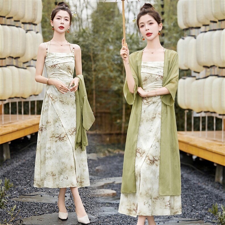 大码胖mm新中式禅意复古风内搭吊带裙夏季收腰显瘦碎花打底裙，女装连衣裙，妙形