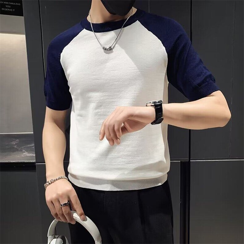 夏季新款冰丝针织短袖T恤男修身时尚社会条纹半袖打底衫M866,男装T恤,星座1116A-2（原606A-1）