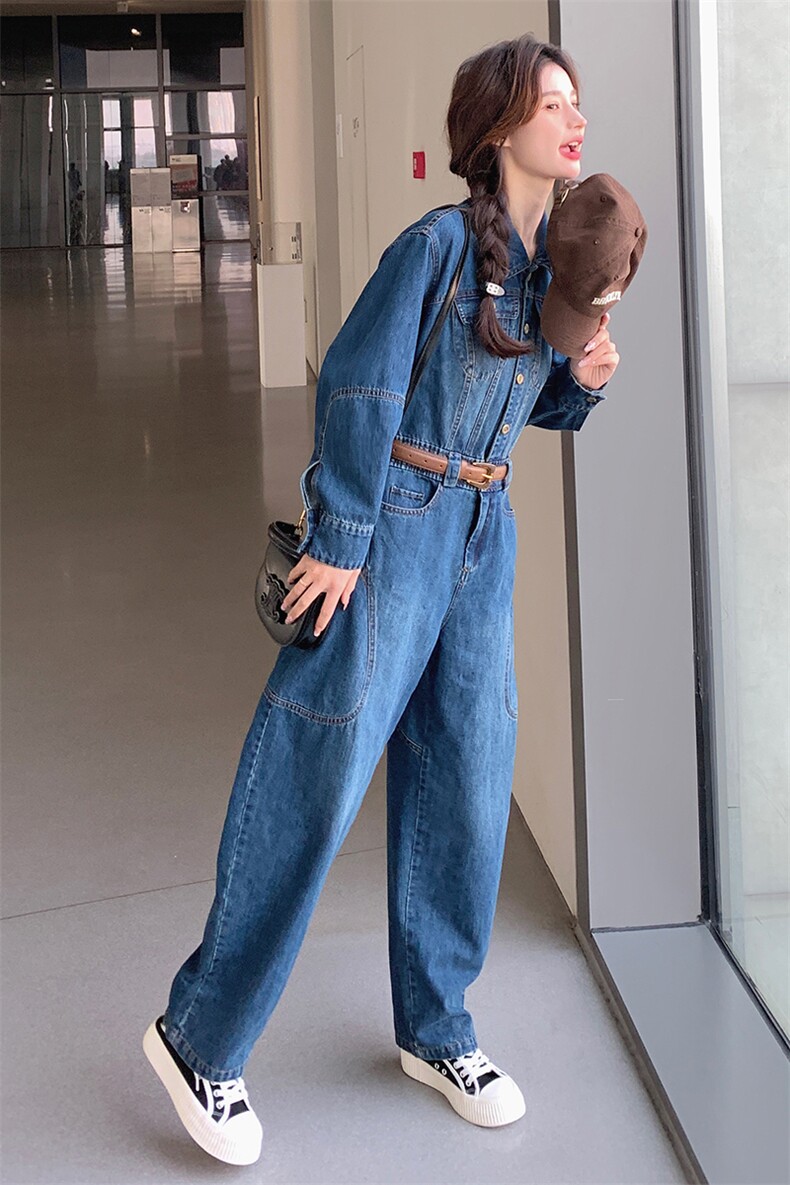 美式水洗复古连体裤女2025秋季新款时尚遮肉显瘦长袖牛仔连体长裤,女装连体裤,点滴