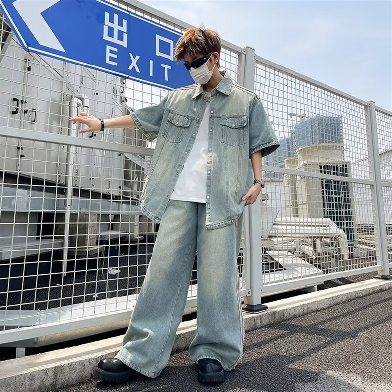 2024美式复古水洗三条杠牛仔外套短袖设计感牛仔套装TZ20-P98,男装休闲套装,星座313A-2