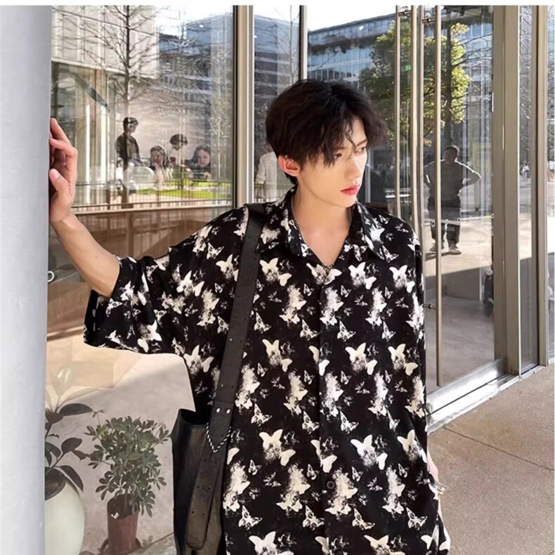满印蝴蝶垂感短袖衬衫男夏季宽松休闲半袖衬衣,男装T恤,星座1210-1