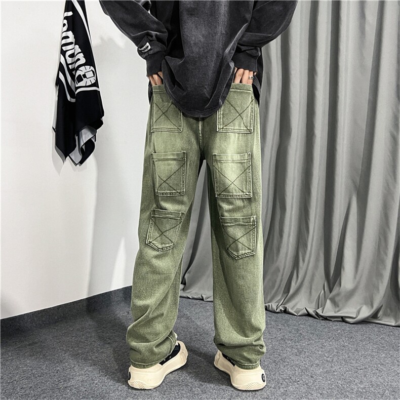 牛仔裤水洗多口袋百搭宽松直筒长裤秋季日系拉链直脚裤K5135-P48,男装牛仔裤,星座512-3