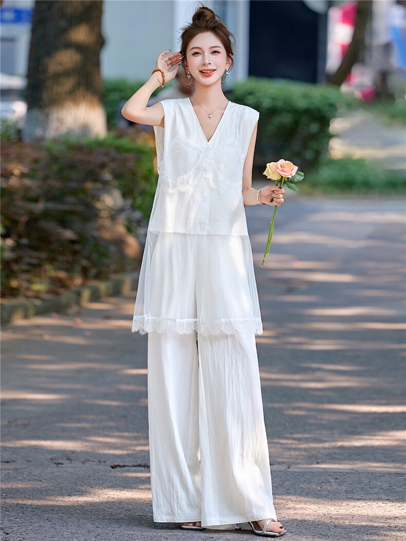 时尚气质套装女2025夏季新款设计感网纱拼接V领马甲阔腿裤两件套,女装套装/套裙,尚娜萱