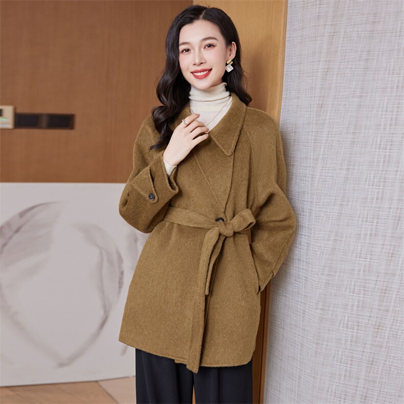 时尚显瘦系带双面羊毛呢大衣女外套气质百搭修身长款风衣,女装双面呢大衣,阿舍尔精品