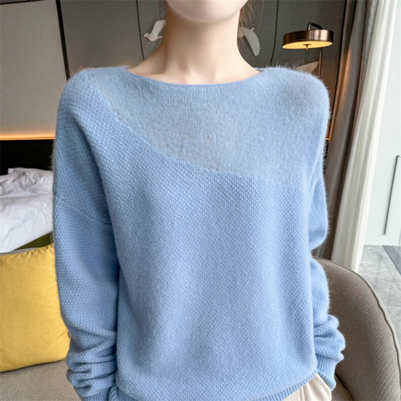 一字领100%纯羊毛衫女25秋冬新款镂空钩花针织毛衣宽松打底羊绒衫,女装羊毛衫,迅太羊绒
