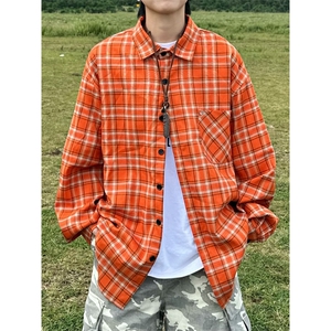1506/Q30640/P38美式橙色格纹长袖衬衫男女衬衣百搭休闲外套潮图片