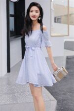 2021年夏季短袖中长款喇叭袖套头中腰一字领连衣裙时尚显瘦修身，女装连衣裙，艾尚靓装