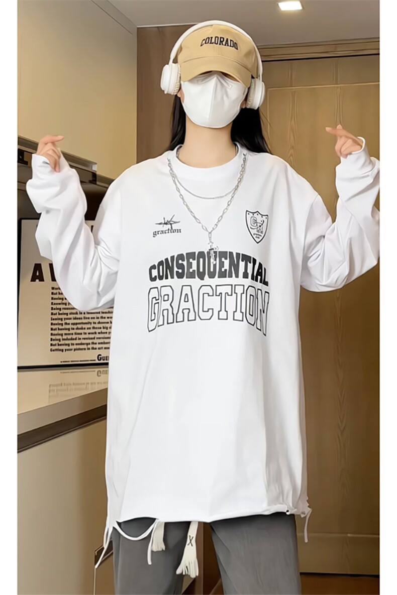 特P中性港风女模个性字母印花宽松长袖圆领项链T恤CT012P45控75,男装T恤,电商A268