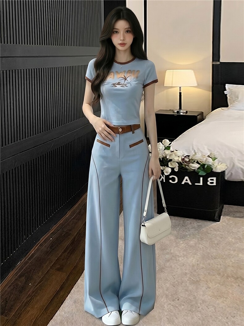 慵懒风休闲时尚套装女夏新款百搭圆领印花短袖上衣阔腿长裤两件套,女装套装/套裙,江南