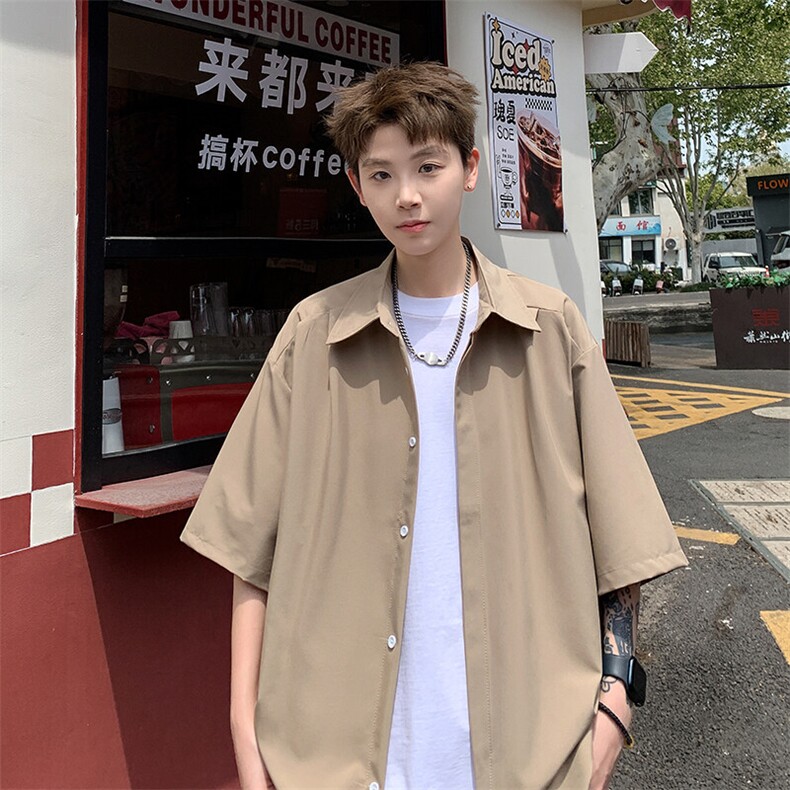 2026夏休闲褶皱冰丝凉感短袖五分袖半袖衬衫CS1800/特P30卡其5,男装T恤,电商A094