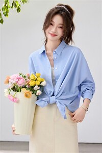 2026春夏新款蓝衬衫女学院风宽松慵懒风叠穿衬衣通勤百搭清新减龄，女装衬衫，艾米